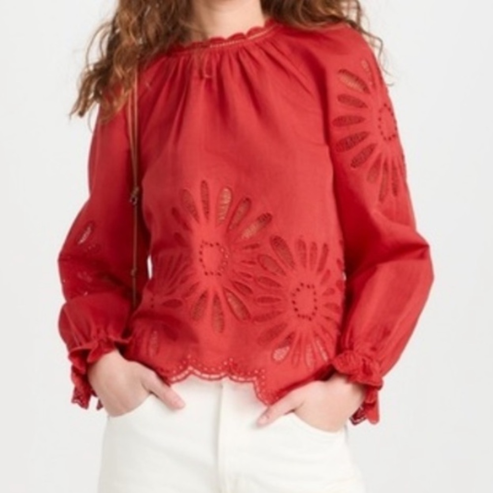 NWT Ulla Johnson Louisa Eyelet Ruffle Linen Blend Top in Poppy.     22 - Picture 4 of 14